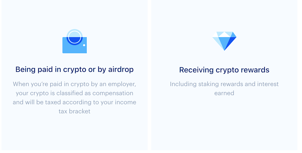 Being paid in crypto or by airdrop. Example: when you're paid in crypto by an employer your crypto is classified as compensation and will be taxes according to your income tax bracket. And Receiving crypto rewards, including staking rewards and interest earned 